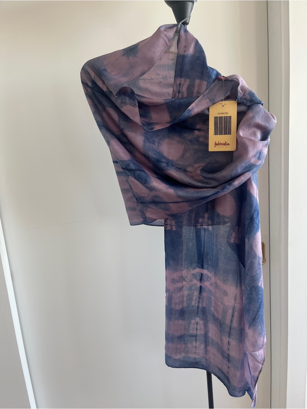 NWT FabIndia Shibori Scarf Dupatta Silky Wrap Stole Mauve Purple Blue Colors 75"